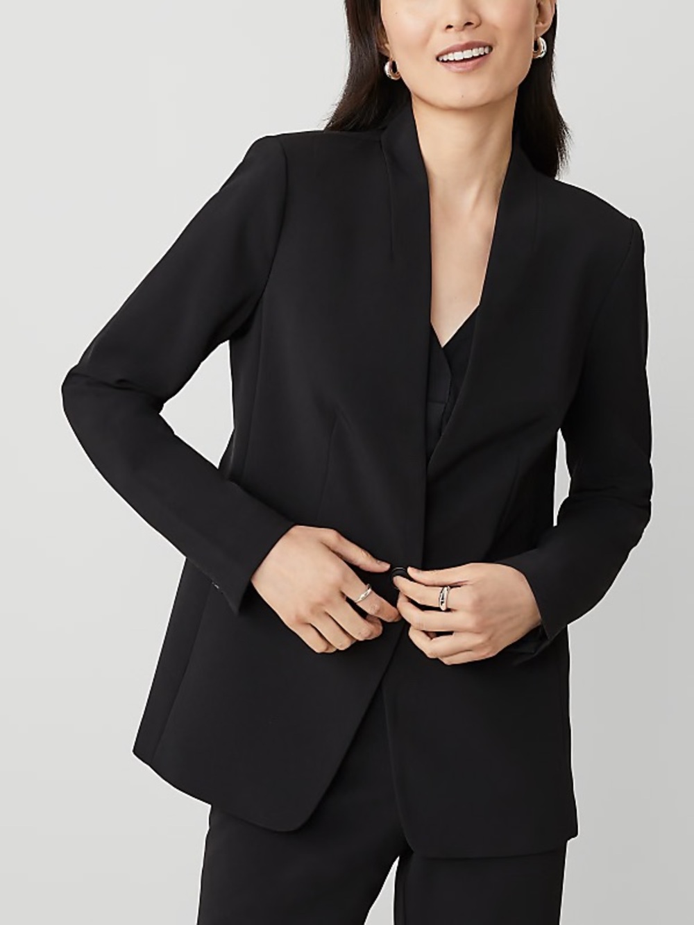 Ann Taylor The Long Collarless Blazer in Fluid Crepe